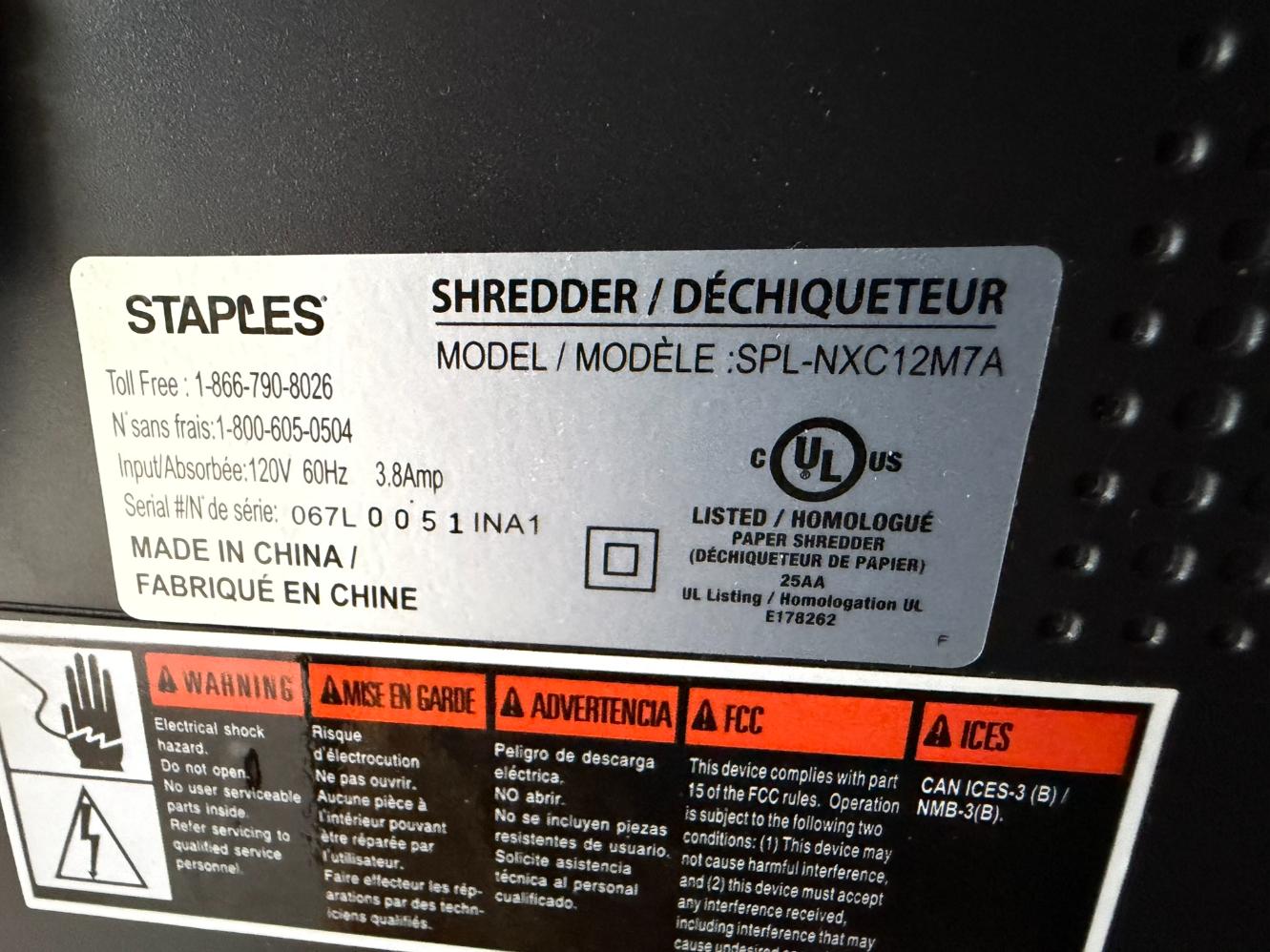 Staples Mailmate Shredder SPL-NXC12M7A