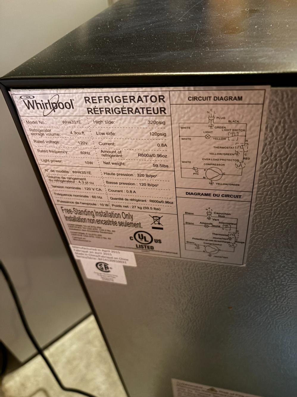 Whirlpool Stainless Bar Fridge WH43S1E