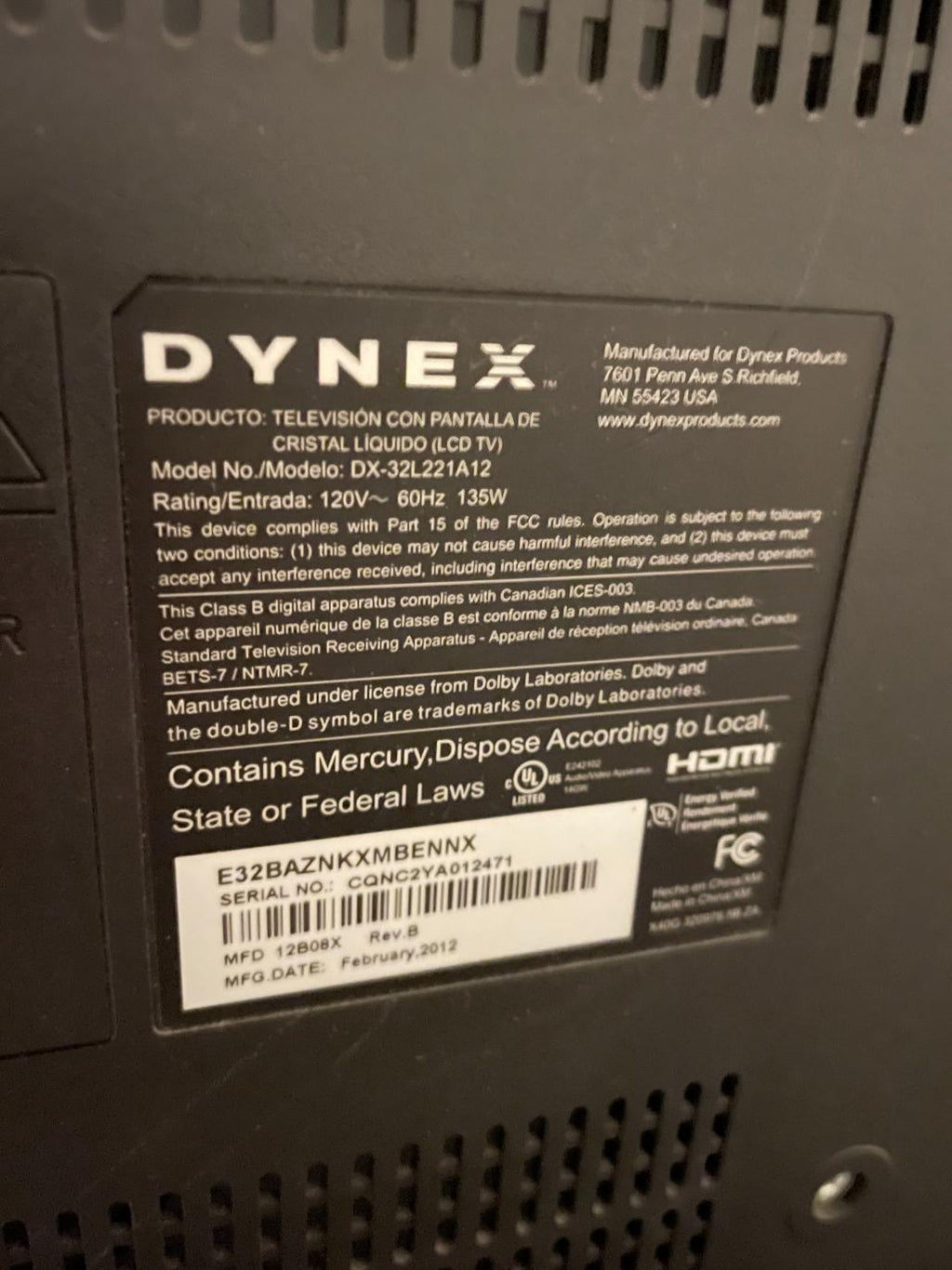 32” Dynex LCD Television