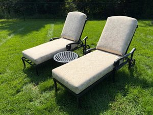 Pair Hauser Heavy Cast Metal Chaise Lounge Patio Armchairs with Accent Table