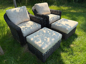 Pair Hauser Wicker Patio Armchairs with Ottomans