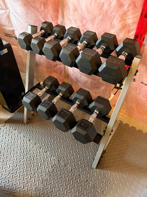 Rubber Hex Dumbbells with Rack